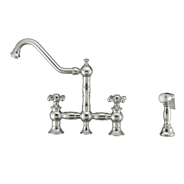 Whitehaus Bridge Faucet W/ Long Traditional Swivel Spout, Cross Handles And Brass WHKBTCR3-9201-NT-C